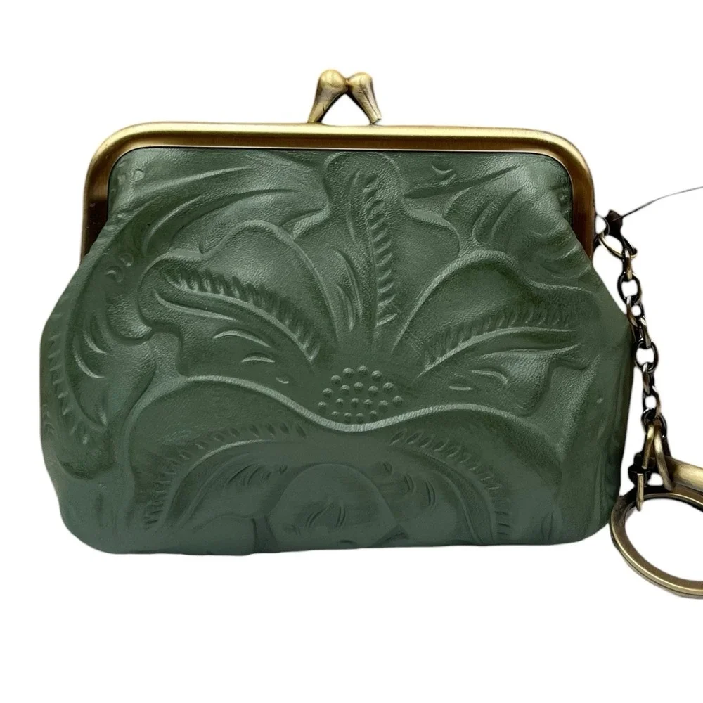 Patricia Nash Womens Tooled Leather Coin Purse Kiss Lock Sage Light Green
